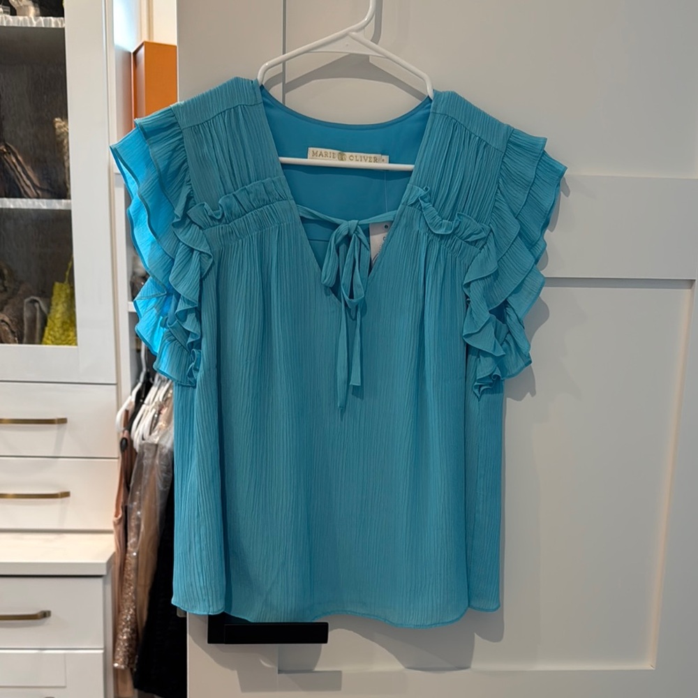 Marie Oliver Blue Ruffled Tie Front Blouse